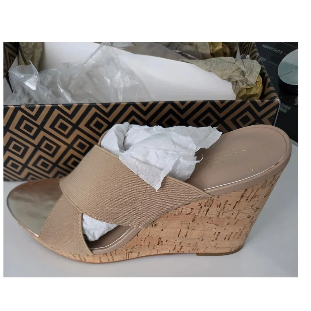 Charles by Charles David Mask Beige Elastic Cork Wedge Sandals NIB Size 10